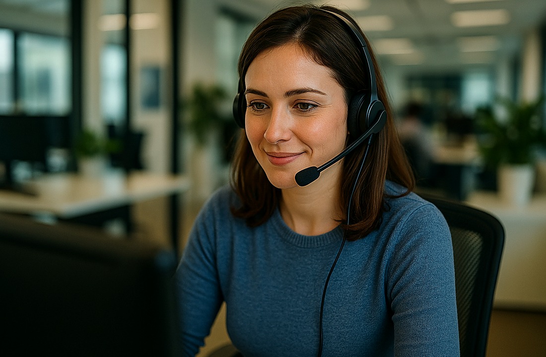 Agent call center — fotografie realistă (dark), fără branduri