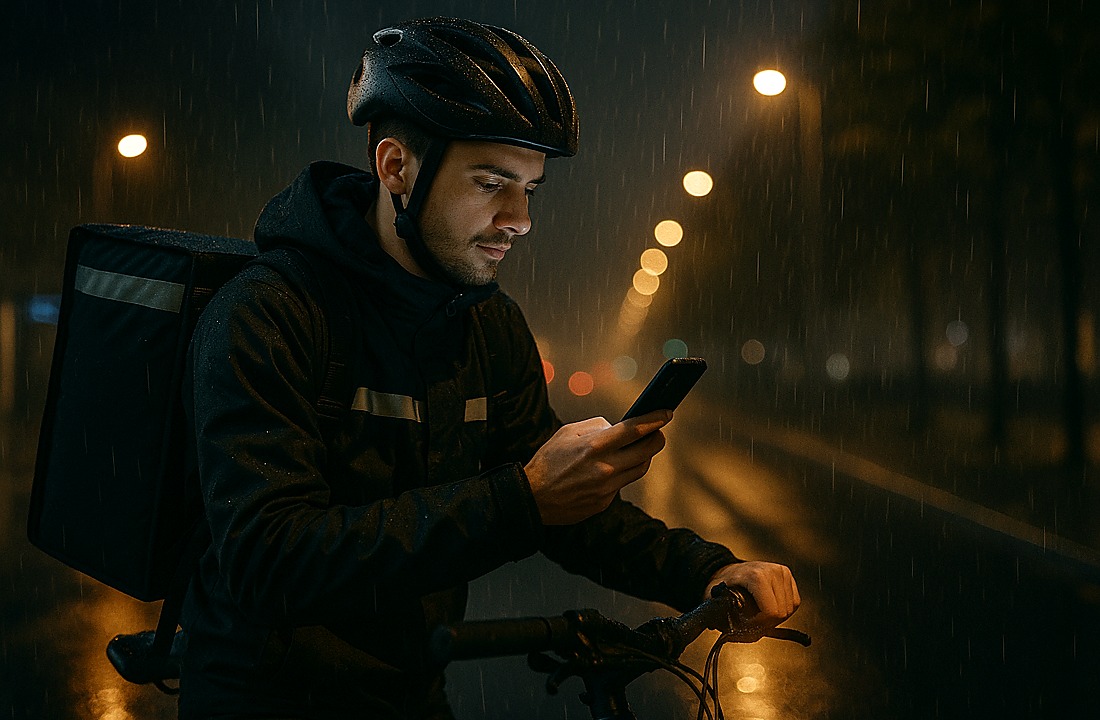 Curier pe bicicletă, fotografie realistă (fără branduri)