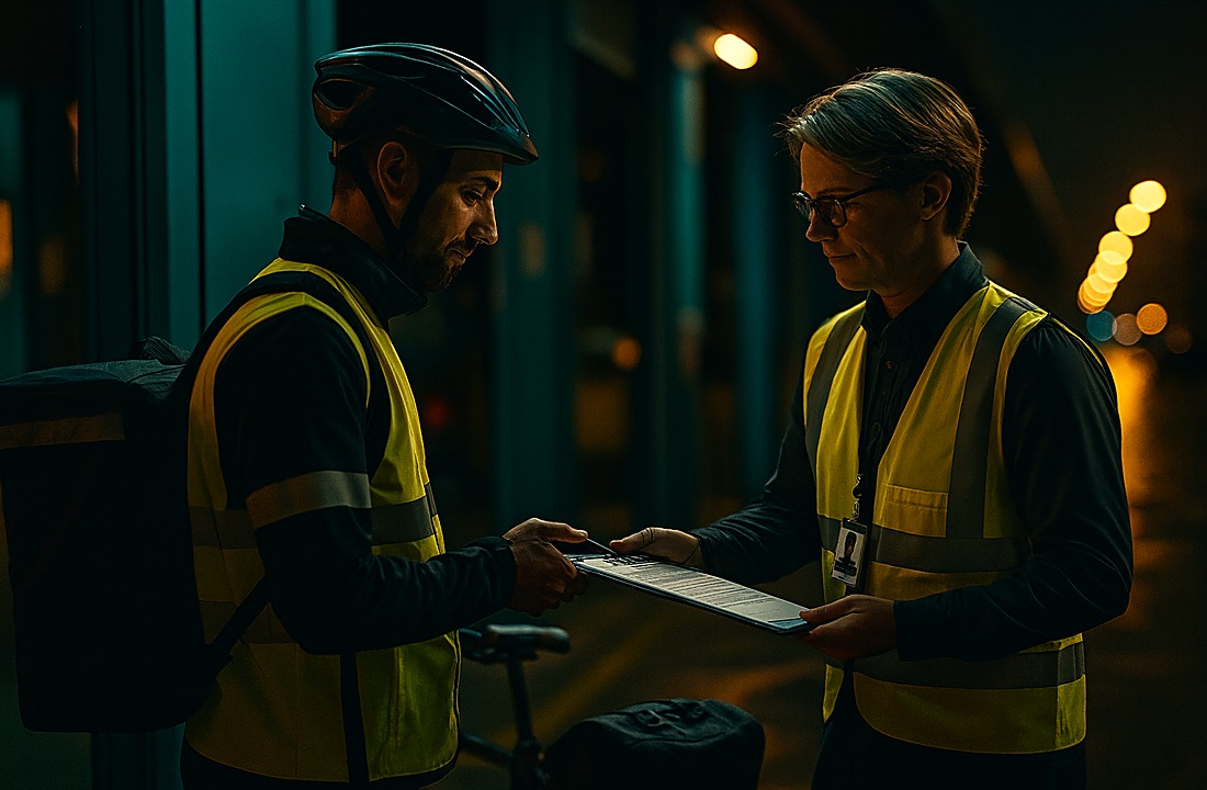 Întâlnire de conformitate/briefing — fotografie realistă (dark), fără branduri